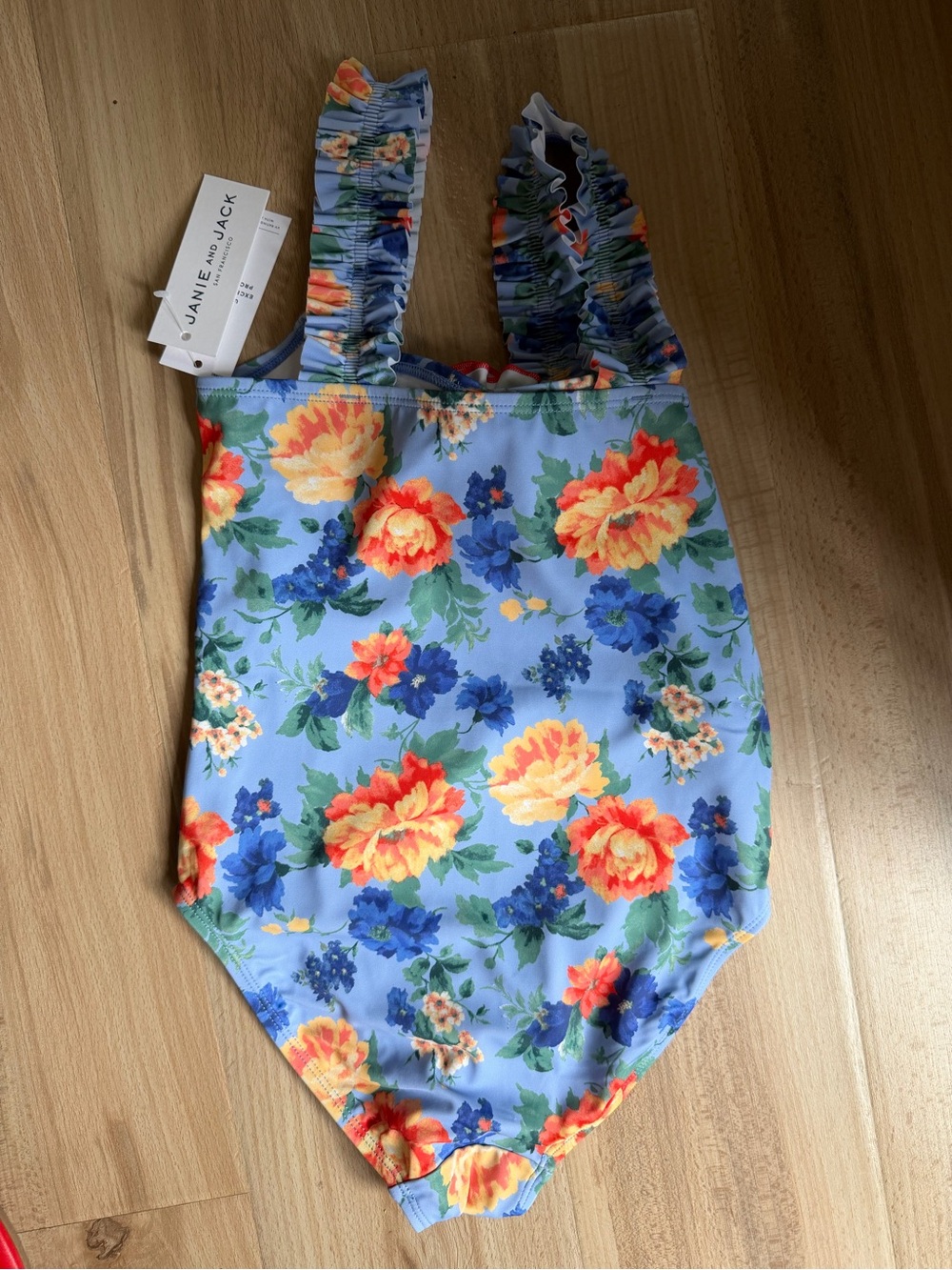 Janie and Jack Blue Floral One-Piece Swimsuit with Ruffle Straps - Picture 4 of 5